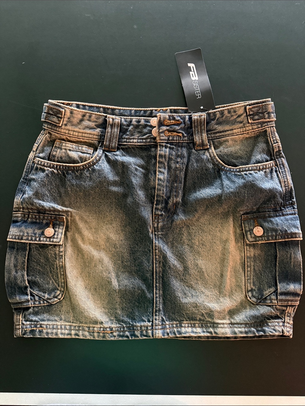 Large FB Sister Blue Wash Denim Mini Skirt with Cargo Pockets